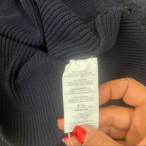 J.CREW Women's Eyelet Lace Sleeve Cotton Knit Navy Short Sleeve Sweater Small - Picture 3 of 11